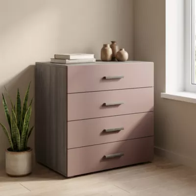 Commode rose taupe et effet chêne grisé avec 4 tiroirs GoodHome Atomia H. 75 x L. 75 x P. 58 cm