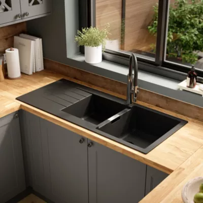 Évier à encastrer en composite de quartz noir 2 bacs avec égouttoir, L.116 x P.50 cm, GoodHome Torla