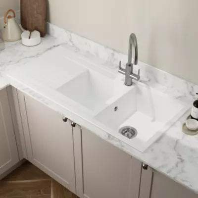 Évier à encastrer en résine blanc 2 bacs avec égouttoir, L.110 x P.50 cm, GoodHome Keluak