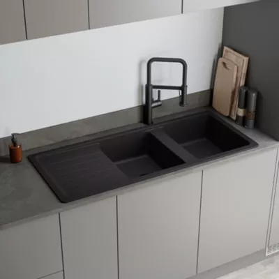 Évier à encastrer en composite quartz 2 bacs avec égouttoir L.116 x P.50 cm, GoodHome Alland