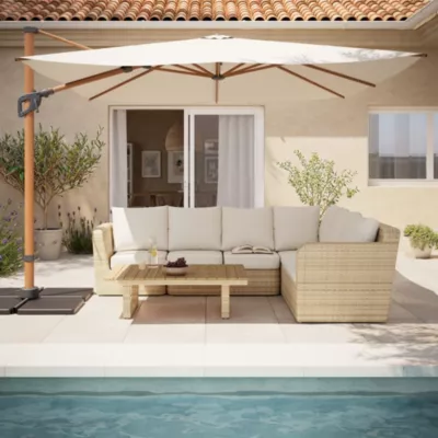 Parasol déporté inclinable carré ouverture manivelle moonbeam effet bois 3 x 3m GoodHome Corby