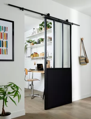 Lot porte Atelier en aluminium 3 carreaux vitrés transparents noir H.204 x l.73cm et système coulissant noir