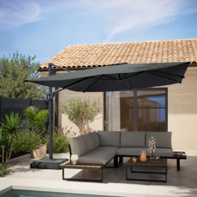 Parasol déporté inclinable rectangle ouverture manivelle anthracite 3 x 4m GoodHome Corby