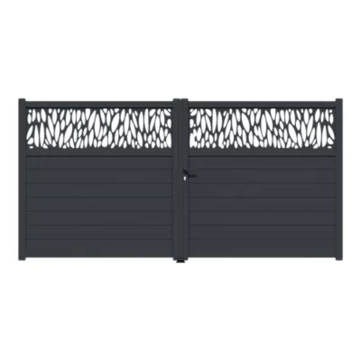 Portail battant avec panneau décoratif feuille aluminium gris l.350cm x H.174,8 x P.4 cm Neva Klikstrom
