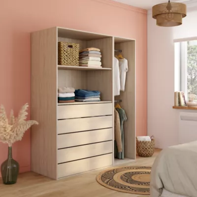 Dressing effet chêne 2 tablettes 5 tiroirs GoodHome Atomia H. 187,5 x l. 150 x P. 58 cm