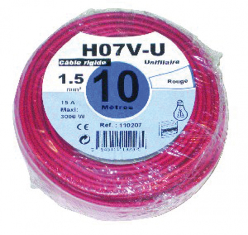 Fils rigides HO7V-U - HO7V-R isolant PVC tension nominale : 450/750 V - norme NF C 32-201 utilisations : installations domestiques, logements, bureaux, etc. pose air libre, sur support isolateur, sous moulure, tube, fourreau, plinthe, en locaux secs rayon de courbure : 3 fois le diamètre extérieur