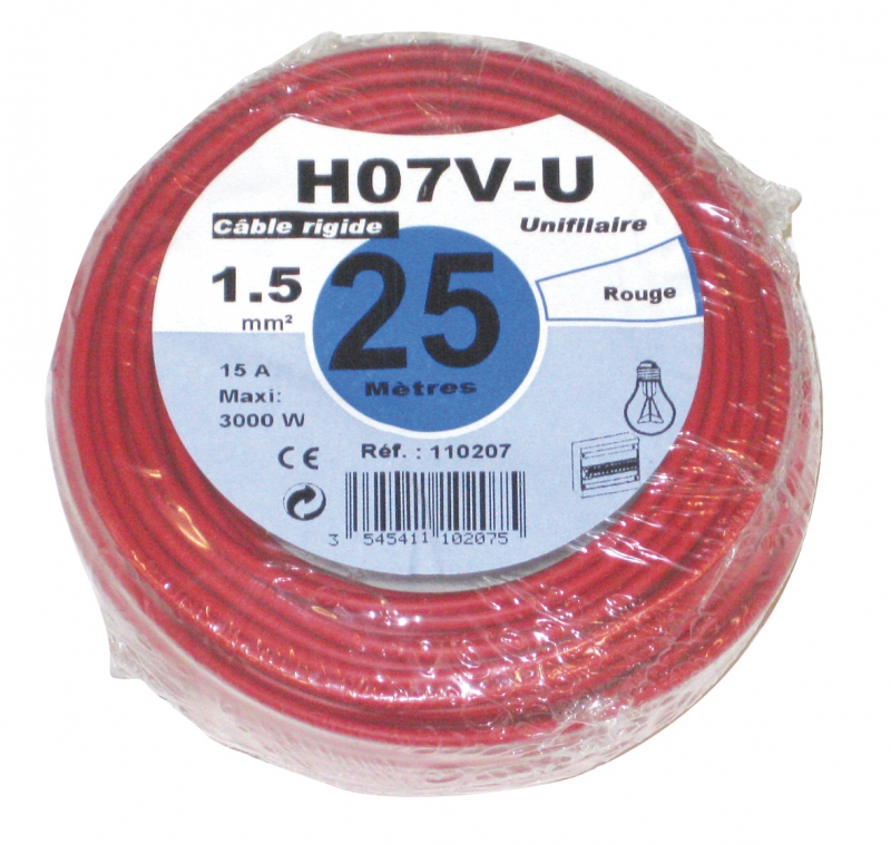 Fils rigides HO7V-U - HO7V-R isolant PVC tension nominale : 450/750 V - norme NF C 32-201 utilisations : installations domestiques, logements, bureaux, etc. pose air libre, sur support isolateur, sous moulure, tube, fourreau, plinthe, en locaux secs rayon de courbure : 3 fois le diamètre extérieur