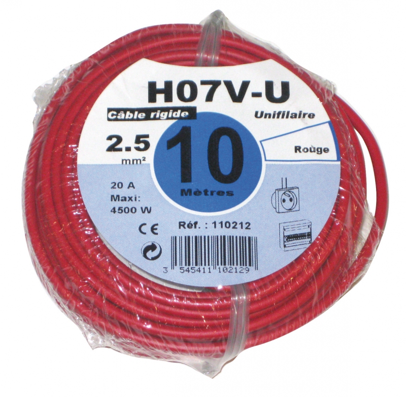 Fils rigides HO7V-U - HO7V-R isolant PVC tension nominale : 450/750 V - norme NF C 32-201 utilisations : installations domestiques, logements, bureaux, etc. pose air libre, sur support isolateur, sous moulure, tube, fourreau, plinthe, en locaux secs rayon de courbure : 3 fois le diamètre extérieur