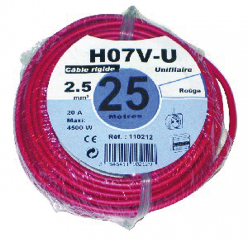 Fils rigides HO7V-U - HO7V-R isolant PVC tension nominale : 450/750 V - norme NF C 32-201 utilisations : installations domestiques, logements, bureaux, etc. pose air libre, sur support isolateur, sous moulure, tube, fourreau, plinthe, en locaux secs rayon de courbure : 3 fois le diamètre extérieur