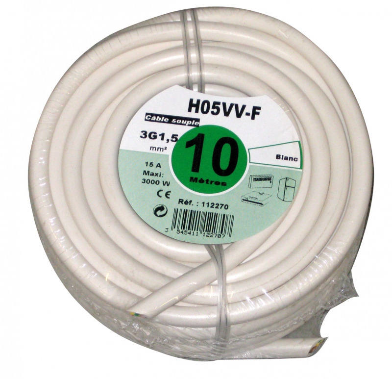 Câbles souples HO5VV-F âme cuivre nu câbléisolant PVC/gaine ext. PVCtension nominale : 300/500 V - norme NF C 32-201utilisations : alimentation de petits appareils électro-domestique non chauffantsrayon de courbure : 6 fois le diamètre extérieur