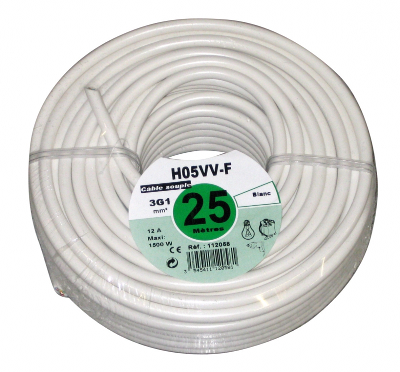 Câbles souples HO5VV-F âme cuivre nu câbléisolant PVC/gaine ext. PVCtension nominale : 300/500 V - norme NF C 32-201utilisations : alimentation de petits appareils électro-domestique non chauffantsrayon de courbure : 6 fois le diamètre extérieur