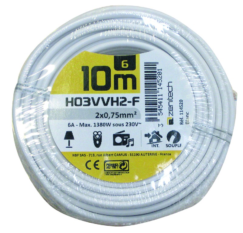 Câble souples HO3VV H2-F- 300 V âme cuivre nu câblé - isolant PVC, gaine ext. PVC oblongue conditionnement grand public