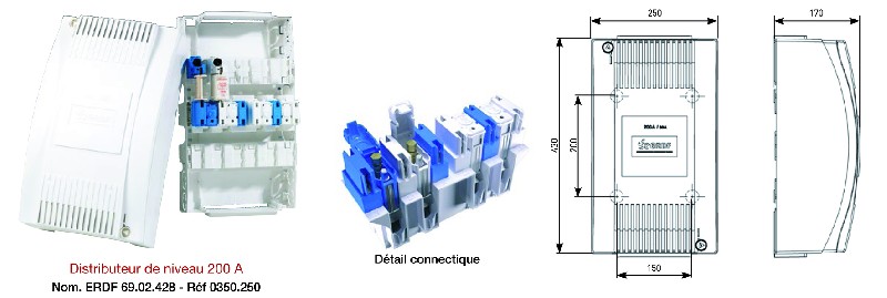 Distributeurs type CPF Cette nouvelle gamme de distributeurs de niveau et d’arrivée 200 A à technologie CPF (Connecteur Porte Fusible) vient en remplacement de la gamme de distributeurs S35 200 A à CCPI. Degrés de protection •IK10 suivant NF EN 62262 • IP2XD capot fermé suivant NF EN 60529 • IPXXB capot déposé suivant NF EN 60529 Spécifications techniques • ERDF HN 62-S-35 • NF C 14-100 Gain de temps àla mise en oeuvre grâce aux CPF à perforation d’isolant et à la suppression de la câblette du CCPI. Permet le raccordement de 6 clients monophasés 60 A ou 2 clients triphasés