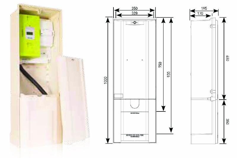BORNE 300 MM BRANCHEMENT TYPE 2 TRIPHASÉE Borne 300 de type ECP-2D-3D (points de fixation fond de cuve compatibles). • Équipée d’une platine type 2 triphasée qui reçoit un compteur électronique de type CBE ou Linky et le disjoncteur de branchement. • Livrée avec 4 cablettes de liaison compteur/disjoncteur et 4 EBCP 16².