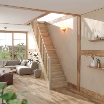 Escalier droit Sogem chêne coloris naturel 13 marches avec contremarches Tradi Eeco avec rampe