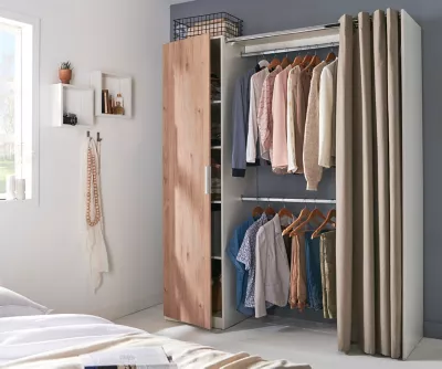 Kit dressing avec porte et rideau Scandi effet chêne clair H.200 x L.170 x P.49 cm