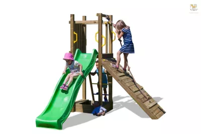 Aire de jeux FUNNY 3 avec rampe d'accès, échelle, bac à sable, toboggan vert & accessoires de jeux