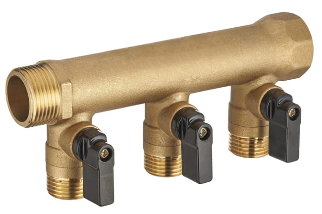 Collecteur monobloc avec vannes 3 sorties Mâle / Femelle 20 x 27 (3/4") sorties Mâle 15 x 21 (1/2") 