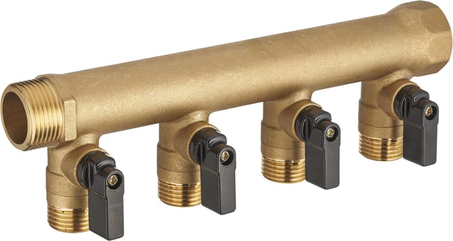 Collecteur monobloc avec vannes 4 sorties Mâle / Femelle 20 x 27 (3/4") sorties Mâle 15 x 21 (1/2") 