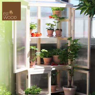Serre de balcon bois naturel et polycarbonate, avec roulettes 79 x 39 x h.159 cm