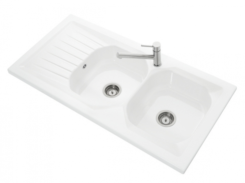 Éviers céramique à poser à bandeau de 3 cm - réversibles siphon non comprisbonde à bouchon : Ø60 mm trous amorcés pour robinetterieprofondeur cuve : 190 mm