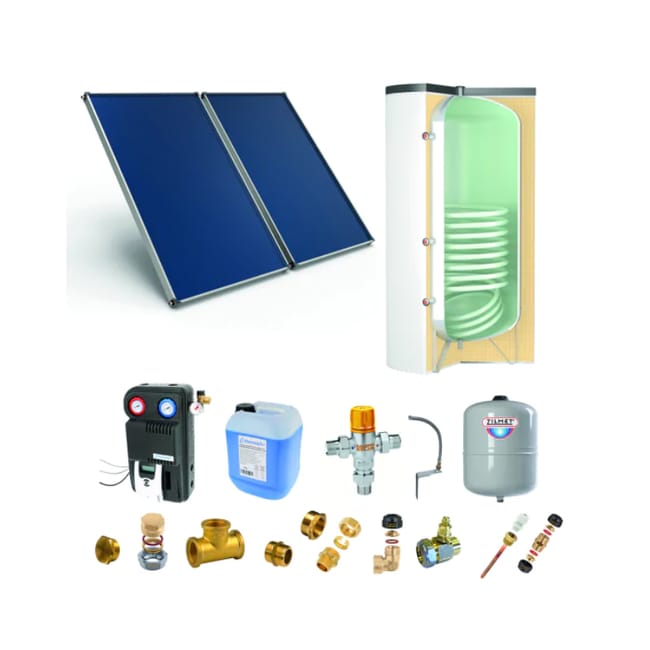 Chauffe-eau solaire : 2 capteurs solaires fixation toiture plate + ballon ECS 200L - THERMADOR - PSOLECSE22TP