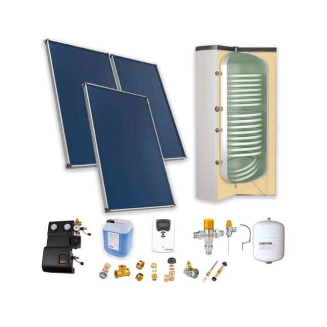 Chauffe-eau solaire : 3 capteurs solaires toiture plate + ballon ECS 300L double échangeur - THERMADOR - PSOLECSP33TP