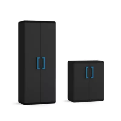 2 Armoires de garage haute et basse noir et bleu l.68 x H.166 x P.39 cm + basse l.68 x H.83 x P.39 cm Keter Quadra