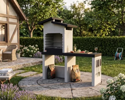 Barbecue Grado sarom en béton allégé avec ample table latérale 160x 60x170,7 cm