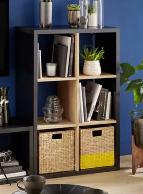 Étagère modulable bicolore à 6 cases H. 108 cm x L. 74 cm, noir et bois chêne