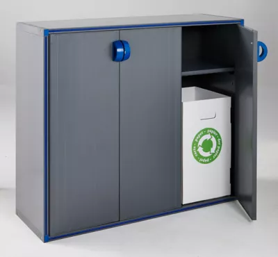 Armoire basse Qbik gris + 3 bacs de tri sélectif