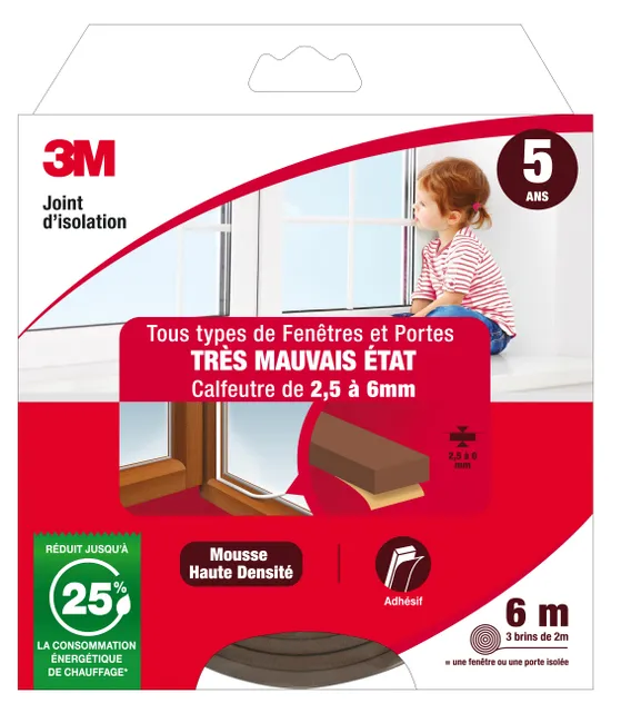 Image principale de Joint de porte et fenêtre très mauvais état 3M 2,5 à 6 mm, L.6 m marron