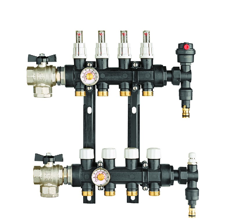 Collecteur pour plancher chauffant hydraulique MODULARITÉ MAXIMALE PEU D’ENCOMBREMENT LECTURE DIRECTE DES REGLAGES RAPIDITÉ D’INSTALLATION PRÉ-MONTAGE ÉTANCHE MEMOIRE DES REGLAGES RACCORDEMENT RAPIDE