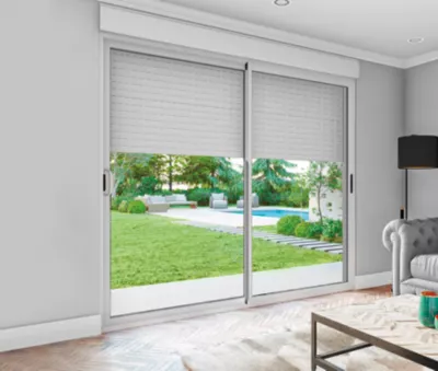 Baie coulissante en aluminium blanc avec volet roulant électrique intégré motorisation Somfy l.240 x H.200 cm Uw=2