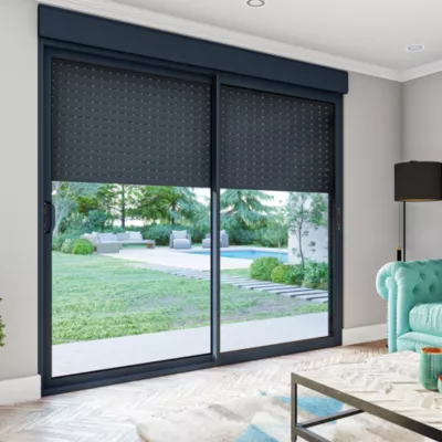 Baie coulissante en aluminium gris avec volet roulant électrique intégré motorisation Somfy l.240 x H.200 cm Uw=2
