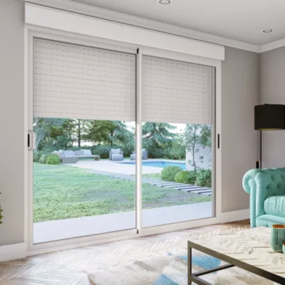 Baie coulissante aluminium blanc avec volet roulant électrique intégré motorisation Somfy l.240 x H.200 cm Uw=2