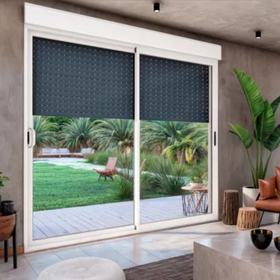 Baie coulissante en aluminium bicolore avec volet roulant électrique intégré motorisation SOMFY l.240 x H.200 cm Uw=2