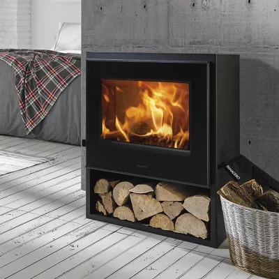 Poêle à bois noir en acier 5,8 kW avec range-bûches, Panadero Bornéo