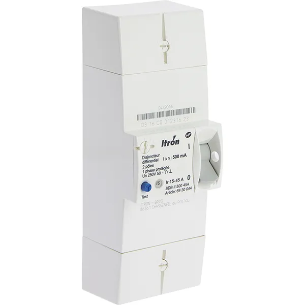 Image principale de Disjoncteur EDF [itron], monophasé 15/45A, 230 V, instantané, 2 pôles, 500 mA, conforme NF C 62 411