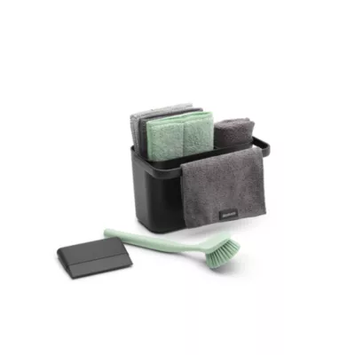 Lot d'accessoires de cuisine avec brosse à vaisselle, raclette, 3 éponges en microfibres et 2 chiffons de nettoyage, gris foncé, Brabantia SinkSide