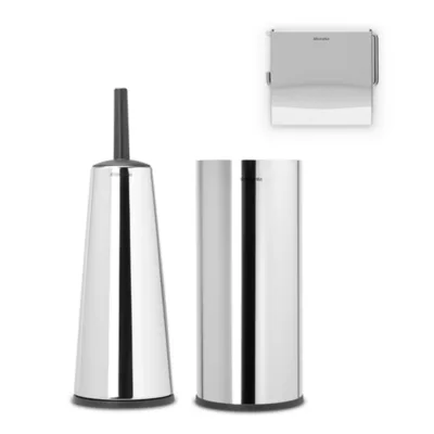 Ensemble brosse WC et support, porte rouleau et distributeur de papier Brabantia ReNew en métal coloris acier brillant