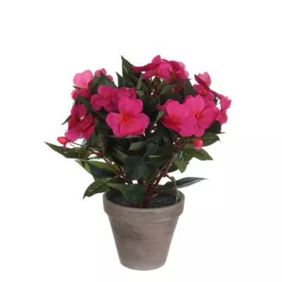 Impatiens rose foncé artificiel en pot Stan gris ø13,5 x h.32 cm