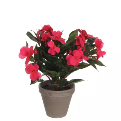 Impatiens rose artificiel en pot Stan gris ø13,5 x h.32 cm