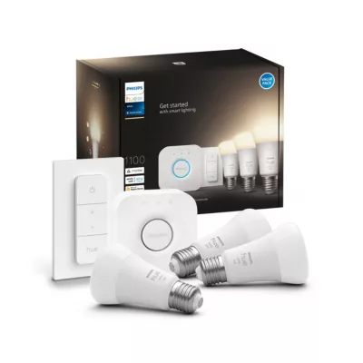 Hue White ambiance kit de démarrage Philips Hue : 3 ampoules connectées IP20 A60 E27 1055lm 9.5W + brigde + variateur