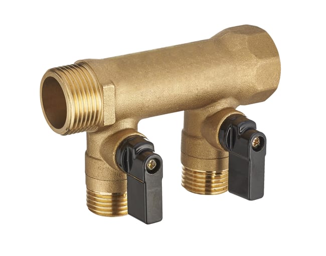 Collecteur monobloc avec vannes 2 sorties Mâle / Femelle 20 x 27 (3/4") sorties Mâle 15 x 21 (1/2") 