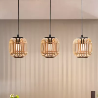 Suspension en métal noir bois 3 lampes E27 84W H.110 x L.91cm Eglo, Hanoi
