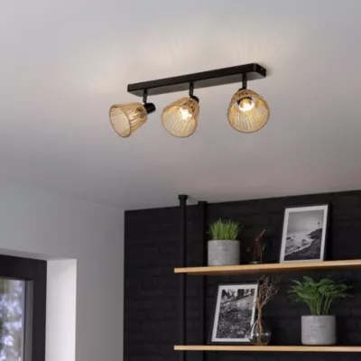 Barre de spot métal noir et fibre naturelle E14 Ø11,5 x L.52cm Eglo, Almendros - 3 lampes
