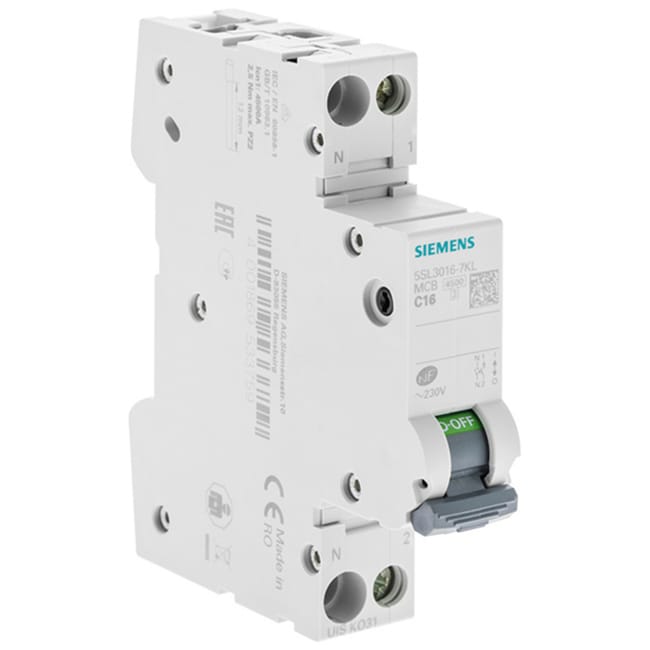 Image principale de Disjoncteur Siemens 16A, courbe C, pouvoir de coupure 4,5 kA, AC/DC, norme NF EN 60898, garantie 2 ans