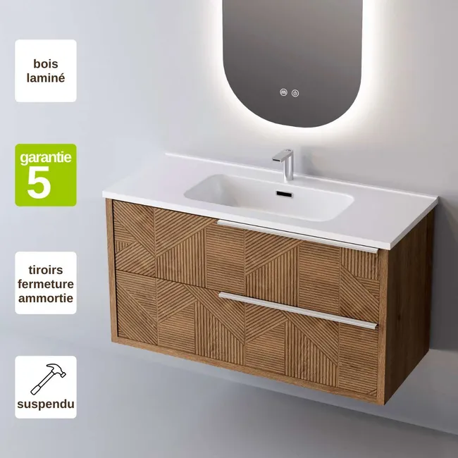 Meuble Salle de Bain REEL 100cm, Plan Vasque Céramique, 2 Tiroirs Impression 3D Poignée Inox Satiné, Finition Chêne Moyen, H 54cm x P 45cm
