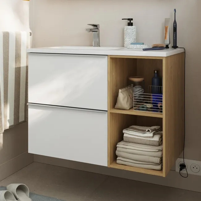 Meuble vasque 2t l.80 x H.55 x P.45cm chêne miel/blanc mat Modern